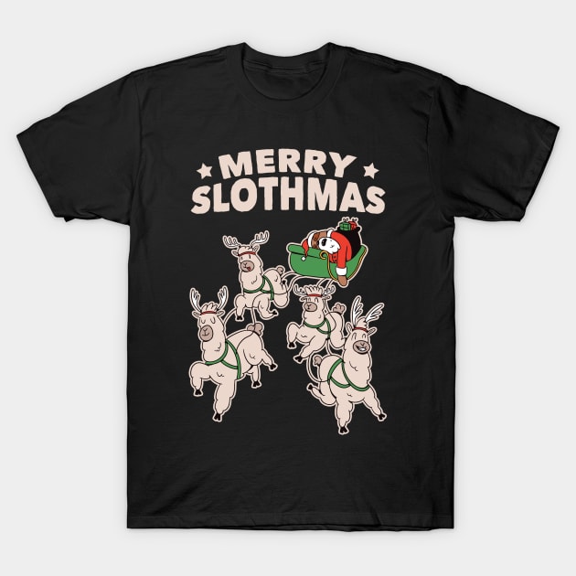 Merry Slothmas Christmas Sloth & Llamas on Santa's Sleigh T-Shirt by tobzz